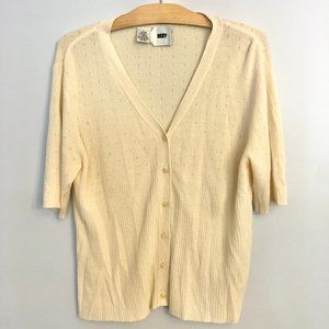 DKNY 3/4 Sleeve V-Neck Cardigan Sweater in Ivory